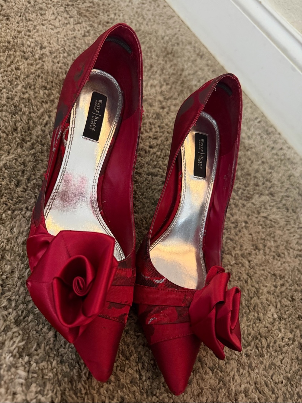 White House Black Market Red Satin Pointed Toe Pumps with Rosette